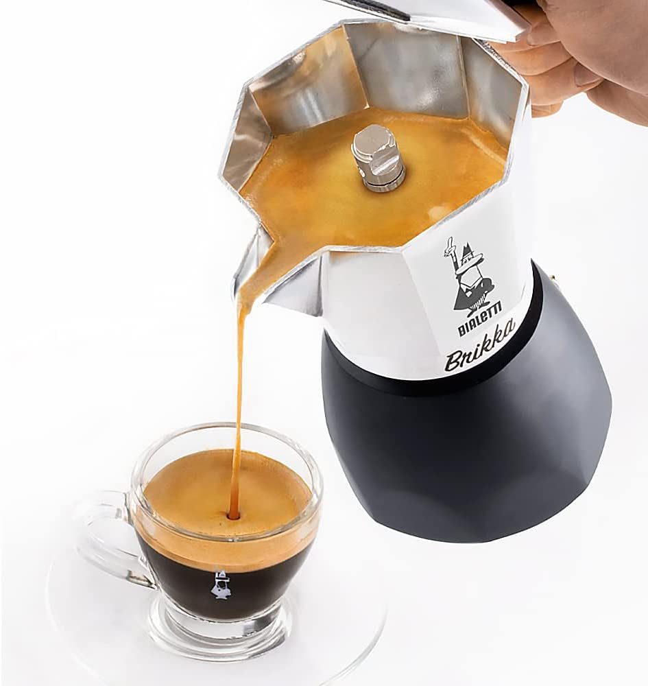 Experience Rich, Creamy Espresso Anywhere with the New Brikka Moka Pot - 2-Cup Stovetop Coffee Maker in Aluminum and Black - Ludovica