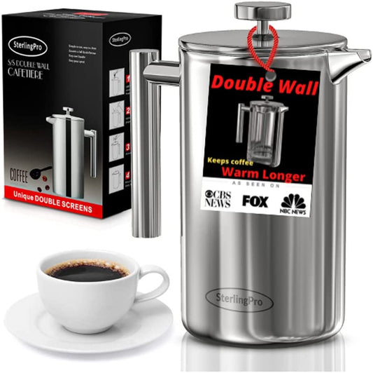 Premium 1.5L French Press Coffee Maker - Double Walled Stainless Steel with 2 Extra Filters for Smooth, Granule-Free Coffee - Stylish Rust-Free Kitchen Essential