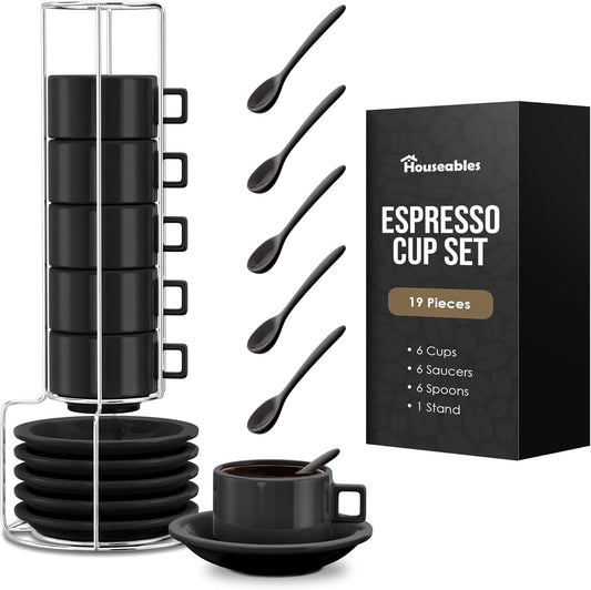 Elevate Your Coffee Experience with Our Modern Black Espresso Cup Set - 19-Piece Stacking Collection with Saucers, Spoons, and Stand - Ludovica 