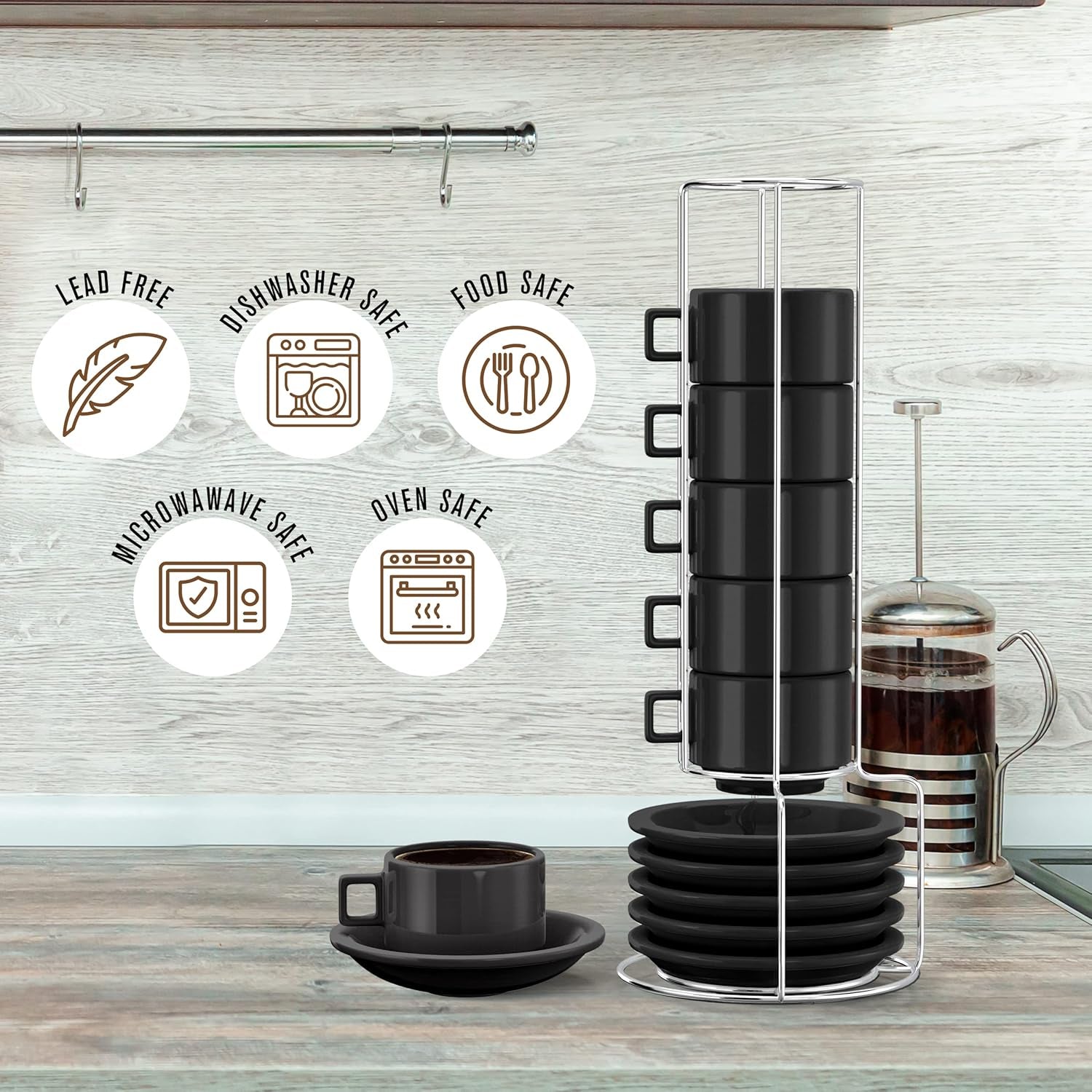 Elevate Your Coffee Experience with Our Modern Black Espresso Cup Set - 19-Piece Stacking Collection with Saucers, Spoons, and Stand - Ludovica 