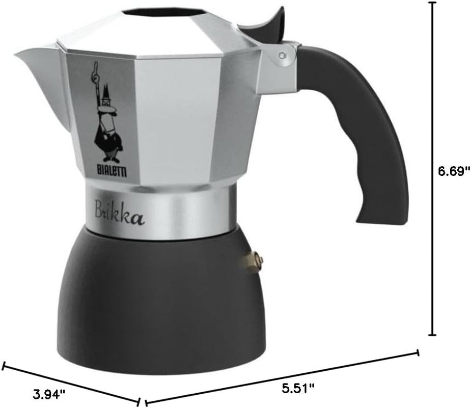 Experience Rich, Creamy Espresso Anywhere with the New Brikka Moka Pot - 2-Cup Stovetop Coffee Maker in Aluminum and Black - Ludovica 