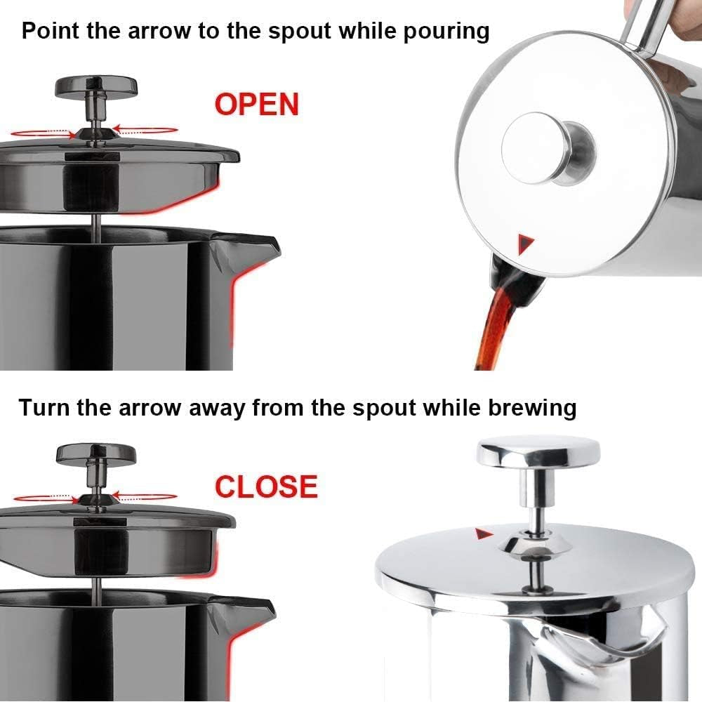 Premium French Press Coffee Maker - 304 Grade Stainless Steel Insulated Design with 2 Extra Screens - 12oz Silver (SFP-12DS)