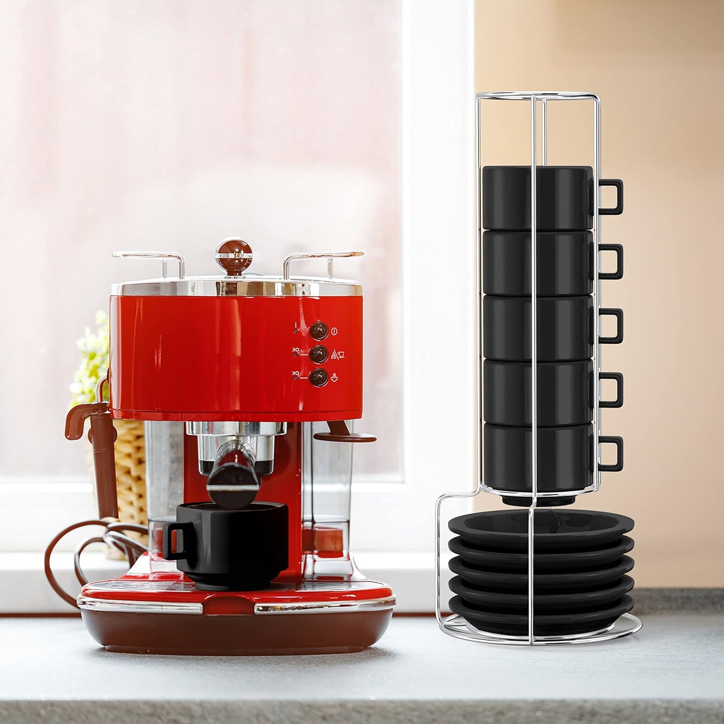 Elevate Your Coffee Experience with Our Modern Black Espresso Cup Set - 19-Piece Stacking Collection with Saucers, Spoons, and Stand - Ludovica 