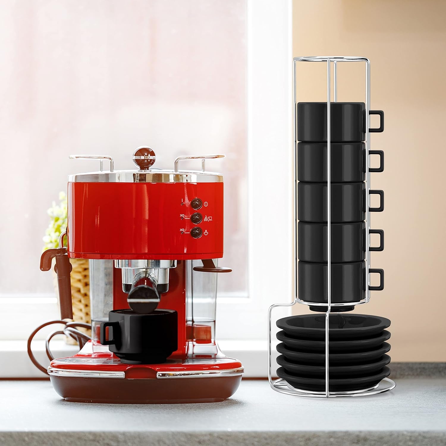 Elevate Your Coffee Experience with Our Modern Black Espresso Cup Set - 19-Piece Stacking Collection with Saucers, Spoons, and Stand - Ludovica 