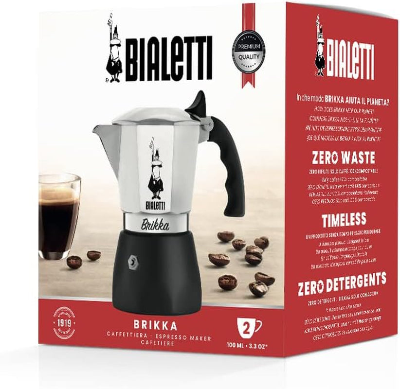 Experience Rich, Creamy Espresso Anywhere with the New Brikka Moka Pot - 2-Cup Stovetop Coffee Maker in Aluminum and Black - Ludovica 