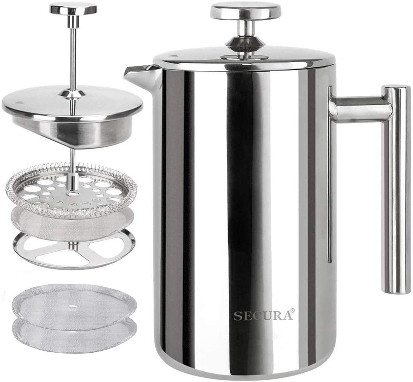 Premium French Press Coffee Maker - 304 Grade Stainless Steel Insulated Design with 2 Extra Screens - 12oz Silver (SFP-12DS)