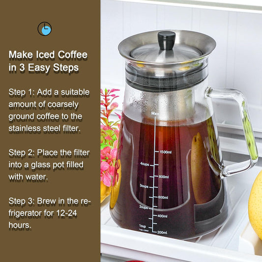 Premium Airtight Cold Brew Coffee & Iced Tea Maker - 51Oz/1.5L Borosilicate Glass Pitcher with Stainless Steel Filter, BPA-Free, Dishwasher Safe, Spill-Proof, 6 Cups Capacity
