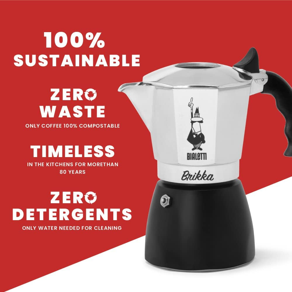 Experience Rich, Creamy Espresso Anywhere with the New Brikka Moka Pot - 2-Cup Stovetop Coffee Maker in Aluminum and Black - Ludovica 