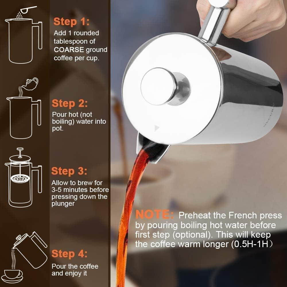 Premium French Press Coffee Maker - 304 Grade Stainless Steel Insulated Design with 2 Extra Screens - 12oz Silver (SFP-12DS)