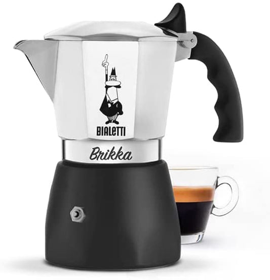 Experience Rich, Creamy Espresso Anywhere with the New Brikka Moka Pot - 2-Cup Stovetop Coffee Maker in Aluminum and Black - Ludovica 