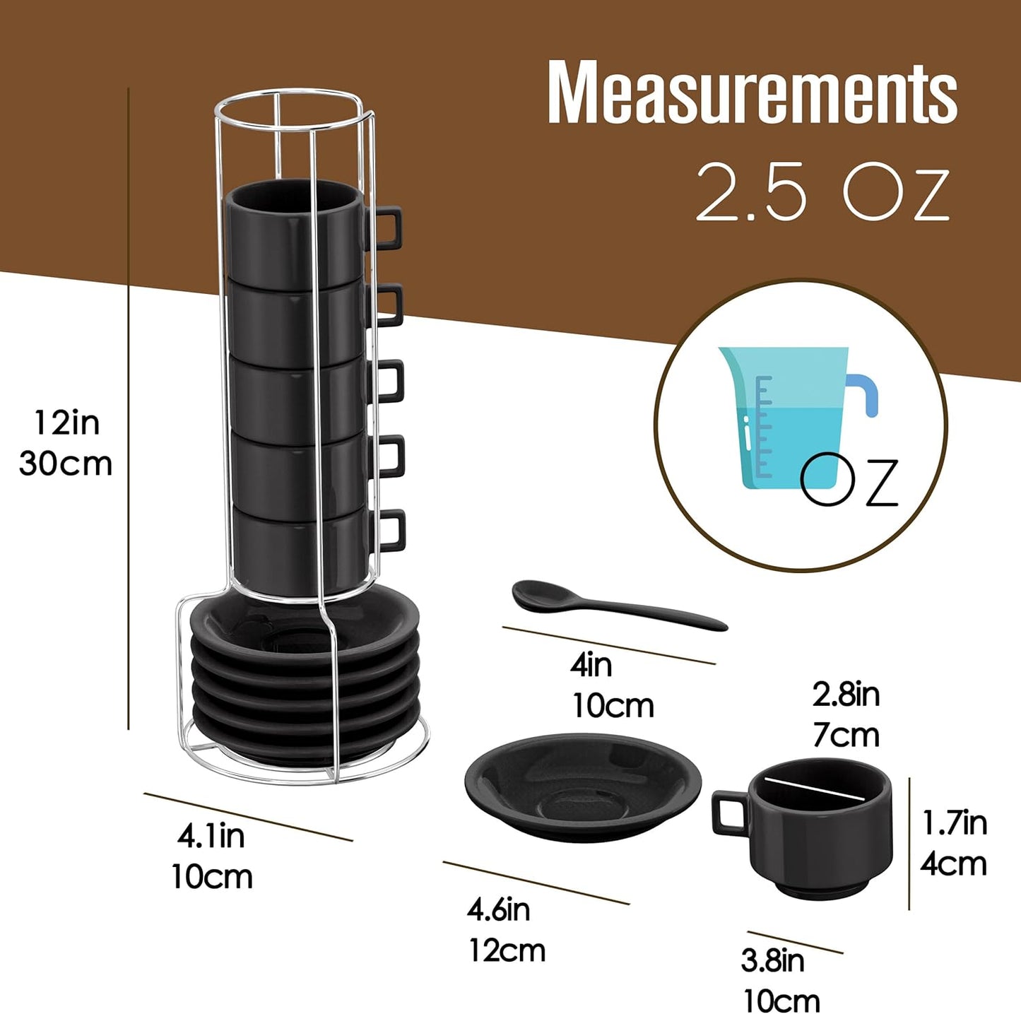 Elevate Your Coffee Experience with Our Modern Black Espresso Cup Set - 19-Piece Stacking Collection with Saucers, Spoons, and Stand - Ludovica 