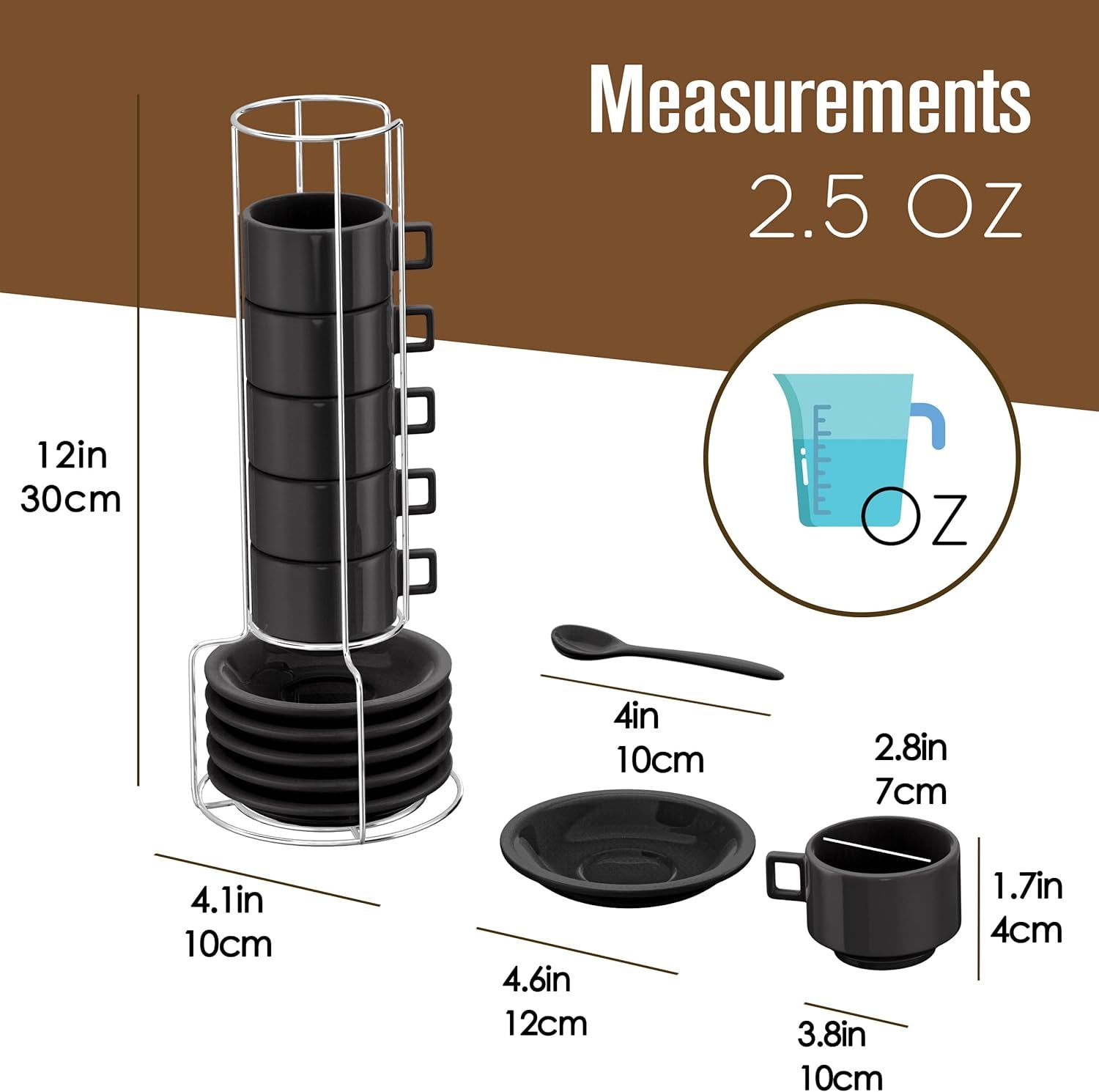 Elevate Your Coffee Experience with Our Modern Black Espresso Cup Set - 19-Piece Stacking Collection with Saucers, Spoons, and Stand - Ludovica 