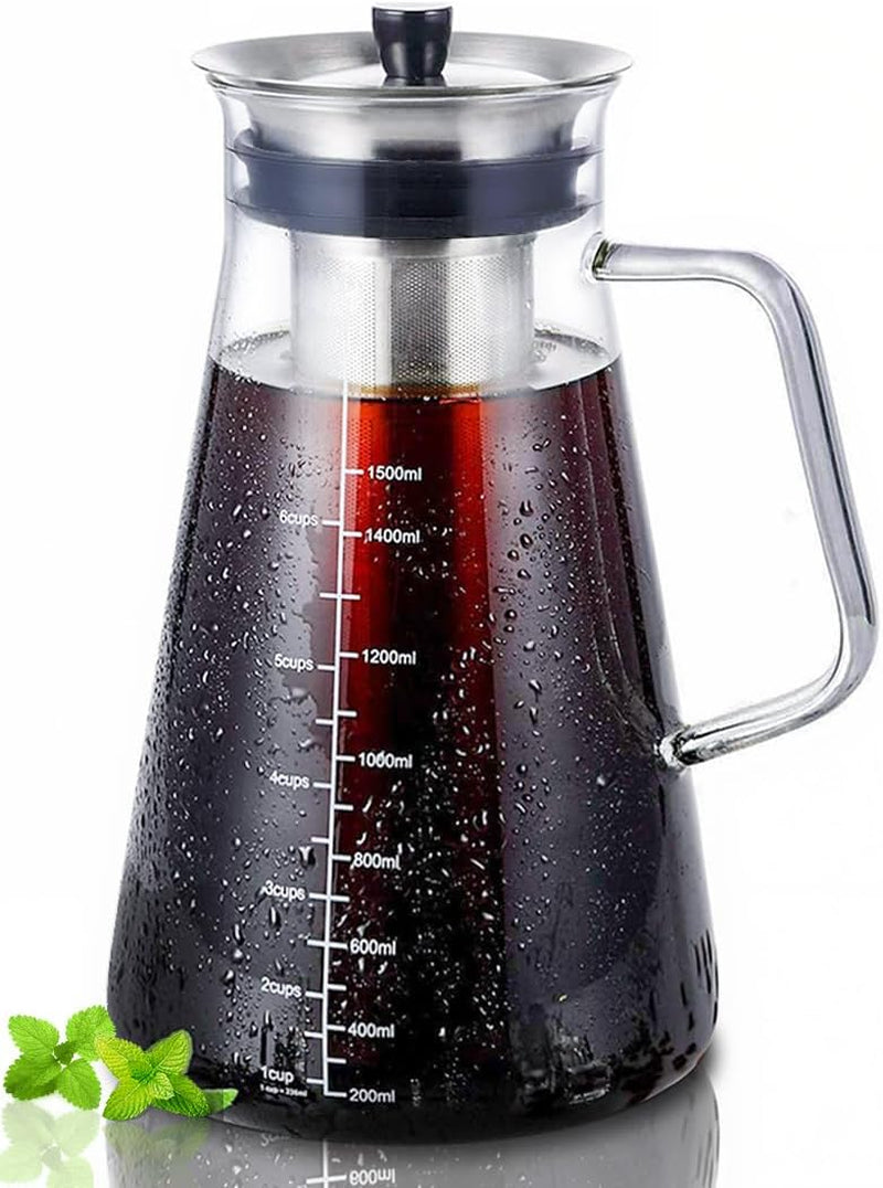 Premium Airtight Cold Brew Coffee & Iced Tea Maker - 51Oz/1.5L Borosilicate Glass Pitcher with Stainless Steel Filter, BPA-Free, Dishwasher Safe, Spill-Proof, 6 Cups Capacity