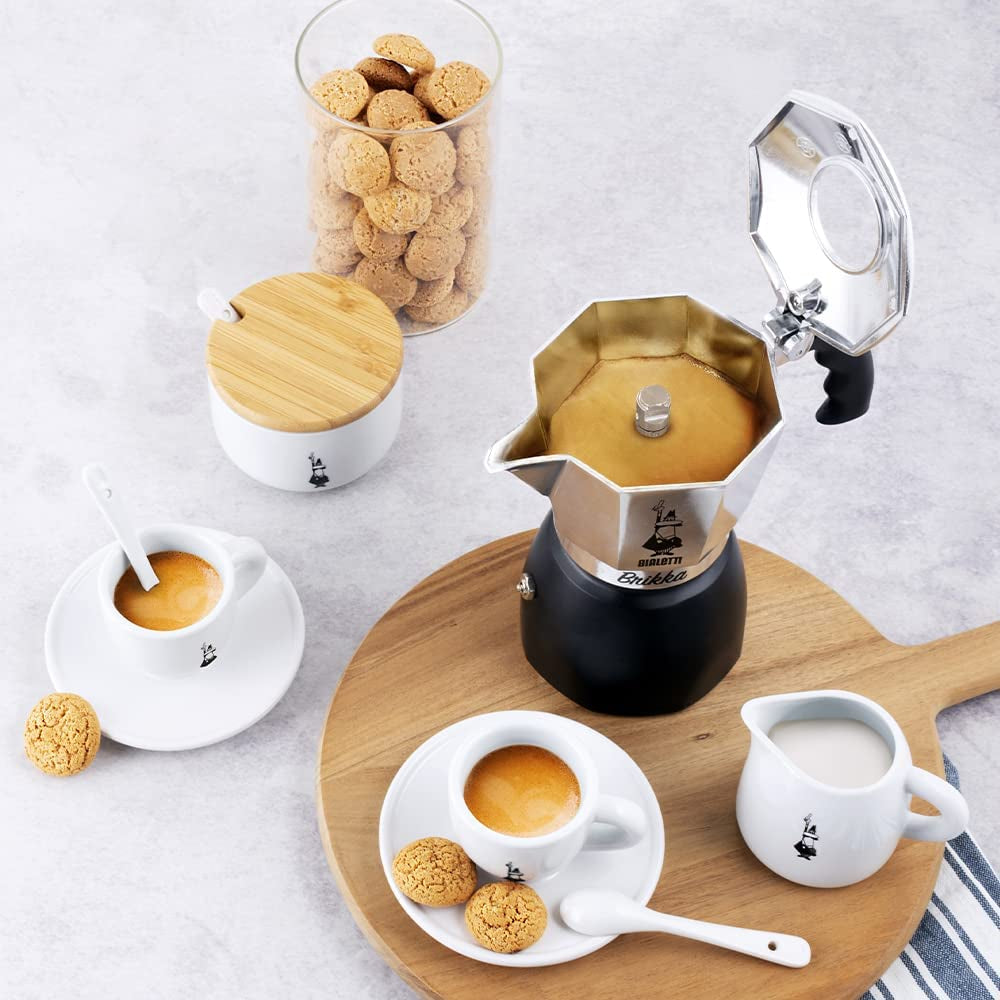 Experience Rich, Creamy Espresso Anywhere with the New Brikka Moka Pot - 2-Cup Stovetop Coffee Maker in Aluminum and Black - Ludovica 