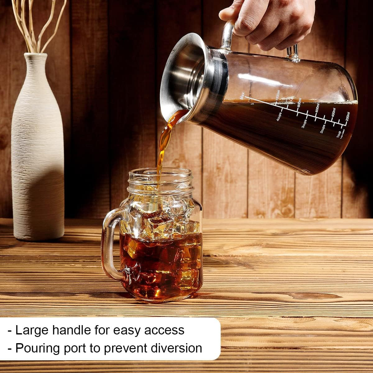 Premium Airtight Cold Brew Coffee & Iced Tea Maker - 51Oz/1.5L Borosilicate Glass Pitcher with Stainless Steel Filter, BPA-Free, Dishwasher Safe, Spill-Proof, 6 Cups Capacity