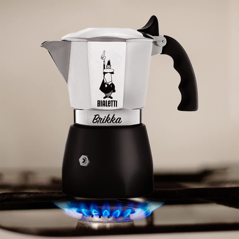 Experience Rich, Creamy Espresso Anywhere with the New Brikka Moka Pot - 2-Cup Stovetop Coffee Maker in Aluminum and Black - Ludovica 
