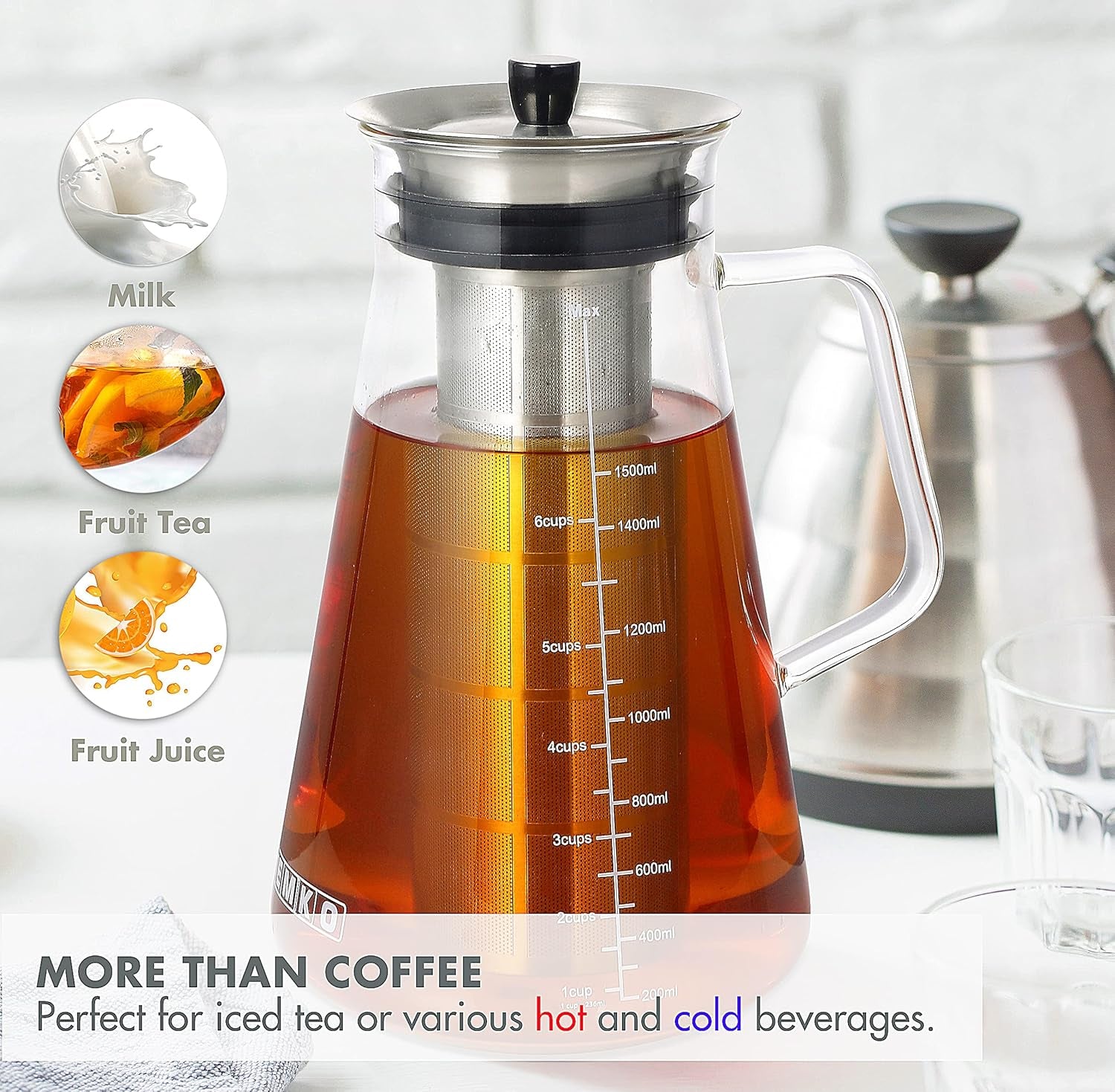 Premium Airtight Cold Brew Coffee & Iced Tea Maker - 51Oz/1.5L Borosilicate Glass Pitcher with Stainless Steel Filter, BPA-Free, Dishwasher Safe, Spill-Proof, 6 Cups Capacity