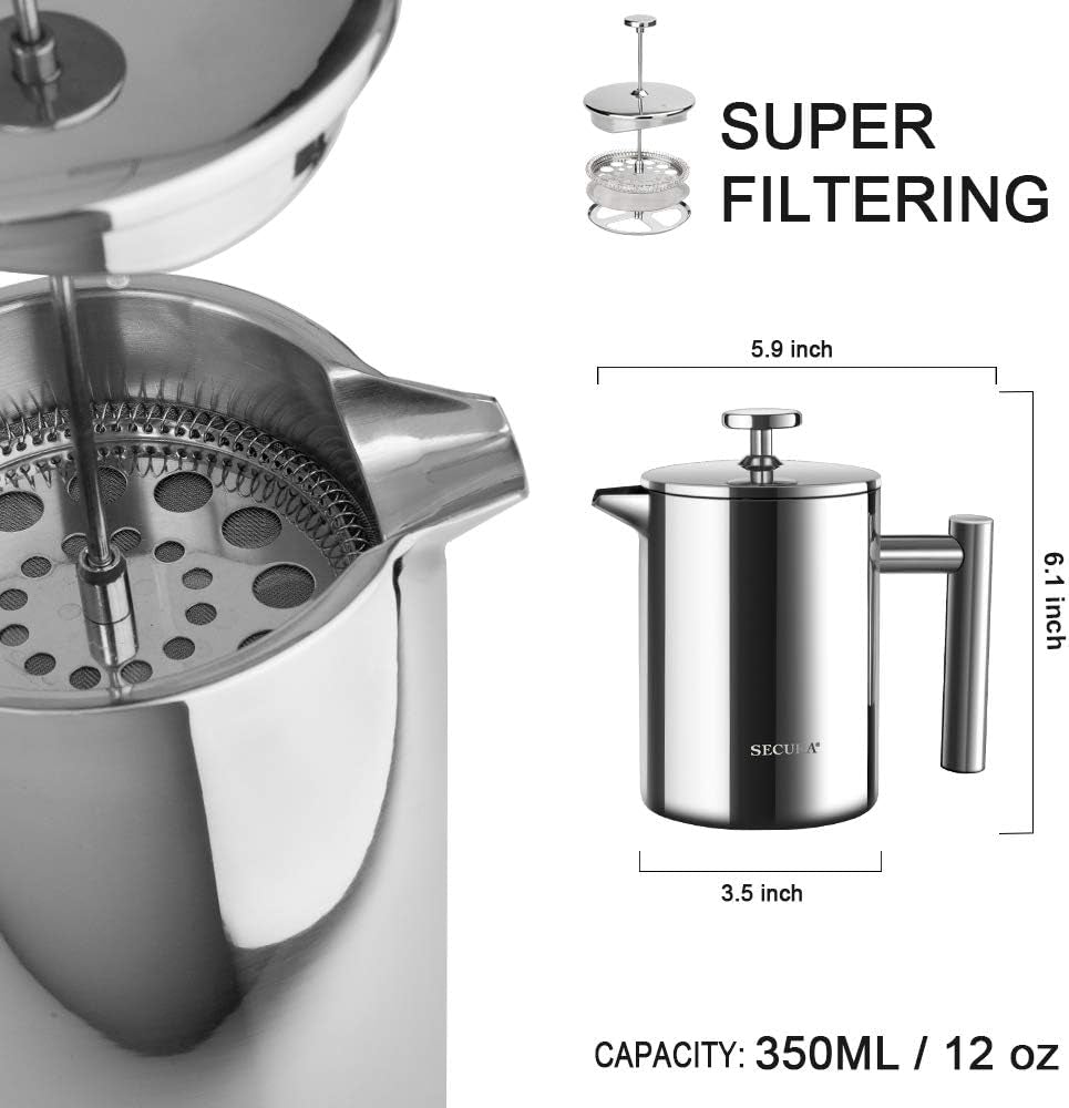 Premium French Press Coffee Maker - 304 Grade Stainless Steel Insulated Design with 2 Extra Screens - 12oz Silver (SFP-12DS)