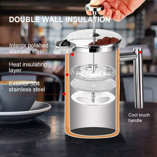 Premium French Press Coffee Maker - 304 Grade Stainless Steel Insulated Design with 2 Extra Screens - 12oz Silver (SFP-12DS)