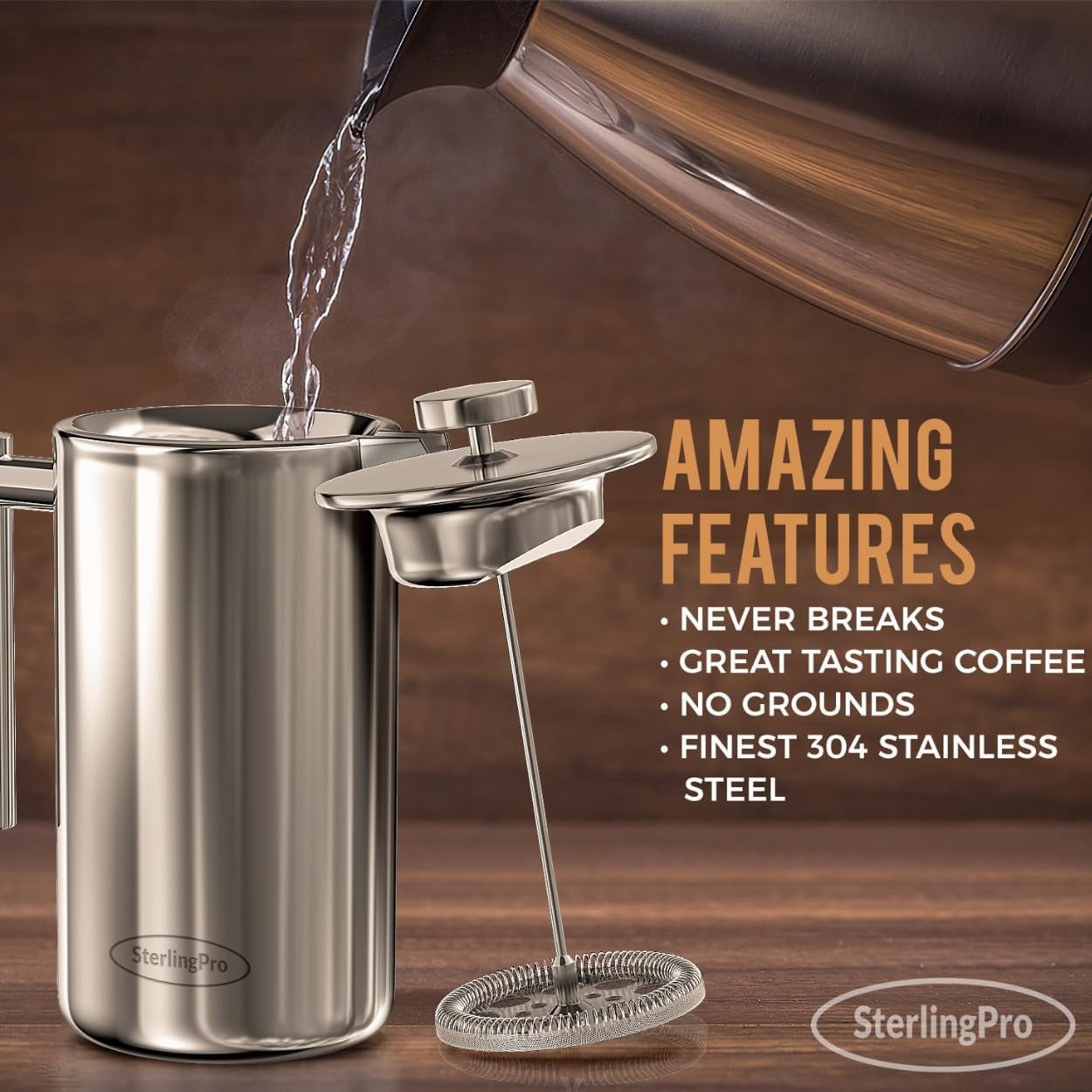Premium 1.5L French Press Coffee Maker - Double Walled Stainless Steel with 2 Extra Filters for Smooth, Granule-Free Coffee - Stylish Rust-Free Kitchen Essential